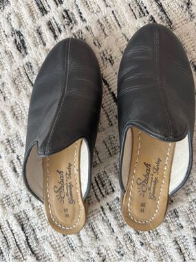 Sabah Black Leather Slip-On Mules with Tan Insole